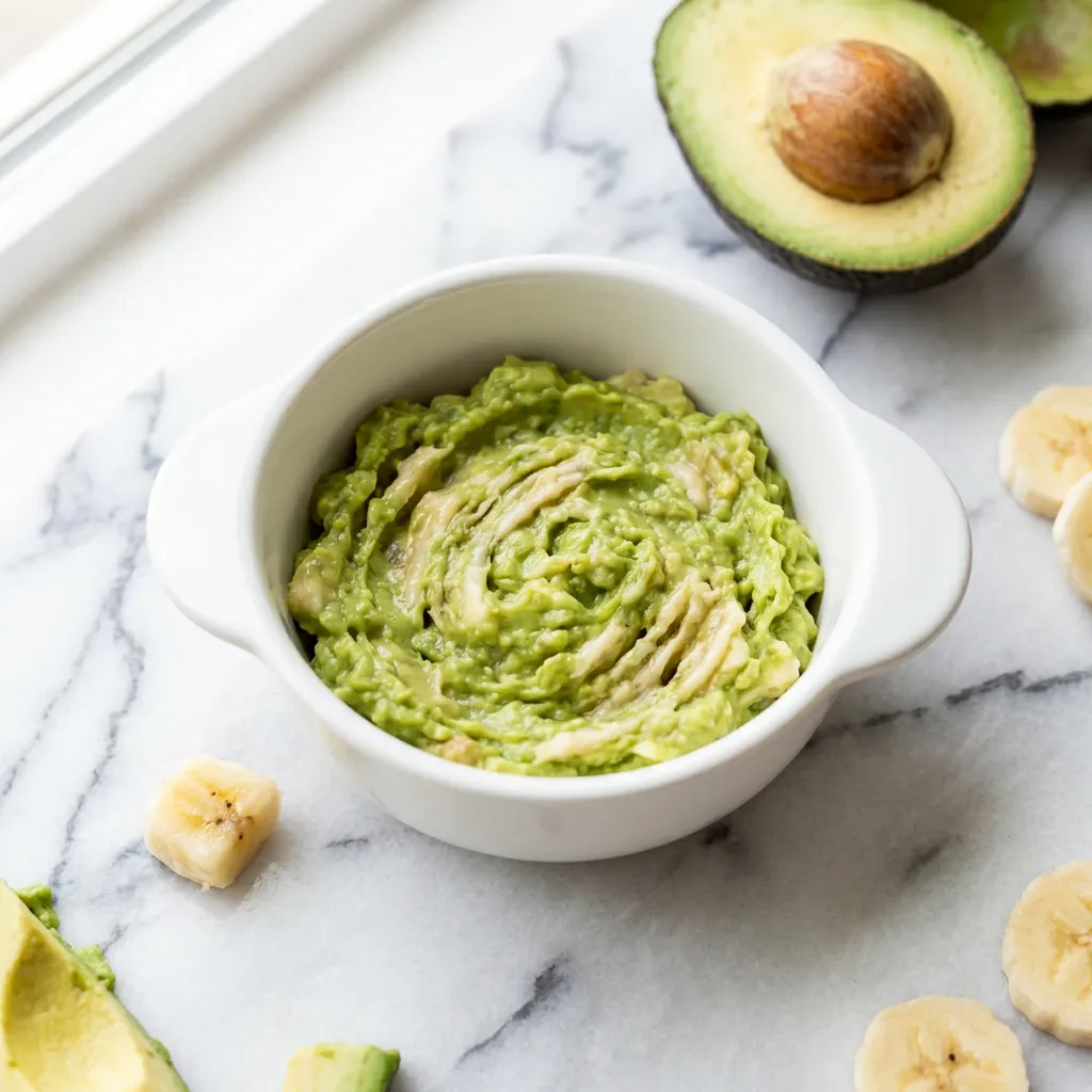 Avocado & Banana Smash, a purée for babies from around 6 months