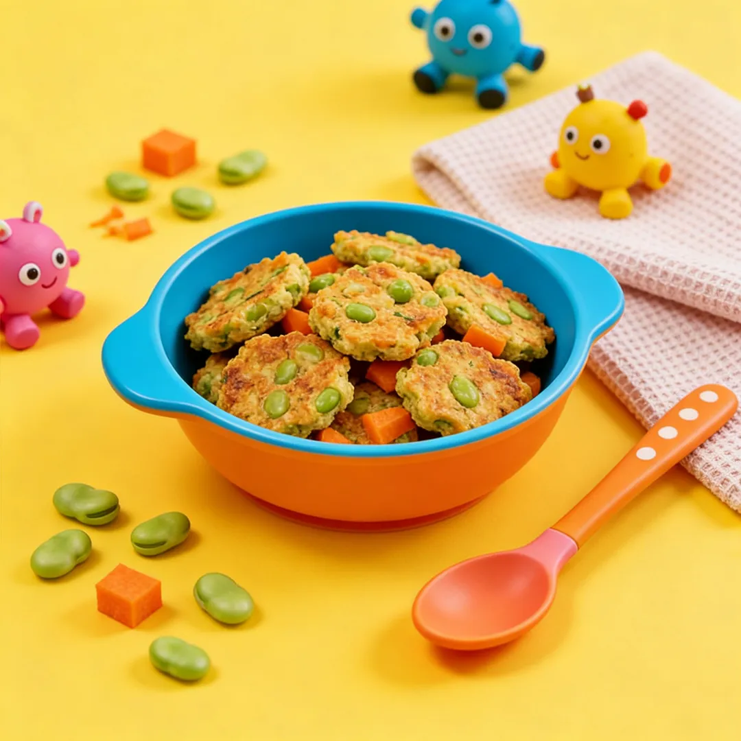 Broad Bean & Carrot Fritters, a finger food for babies from around 9 months