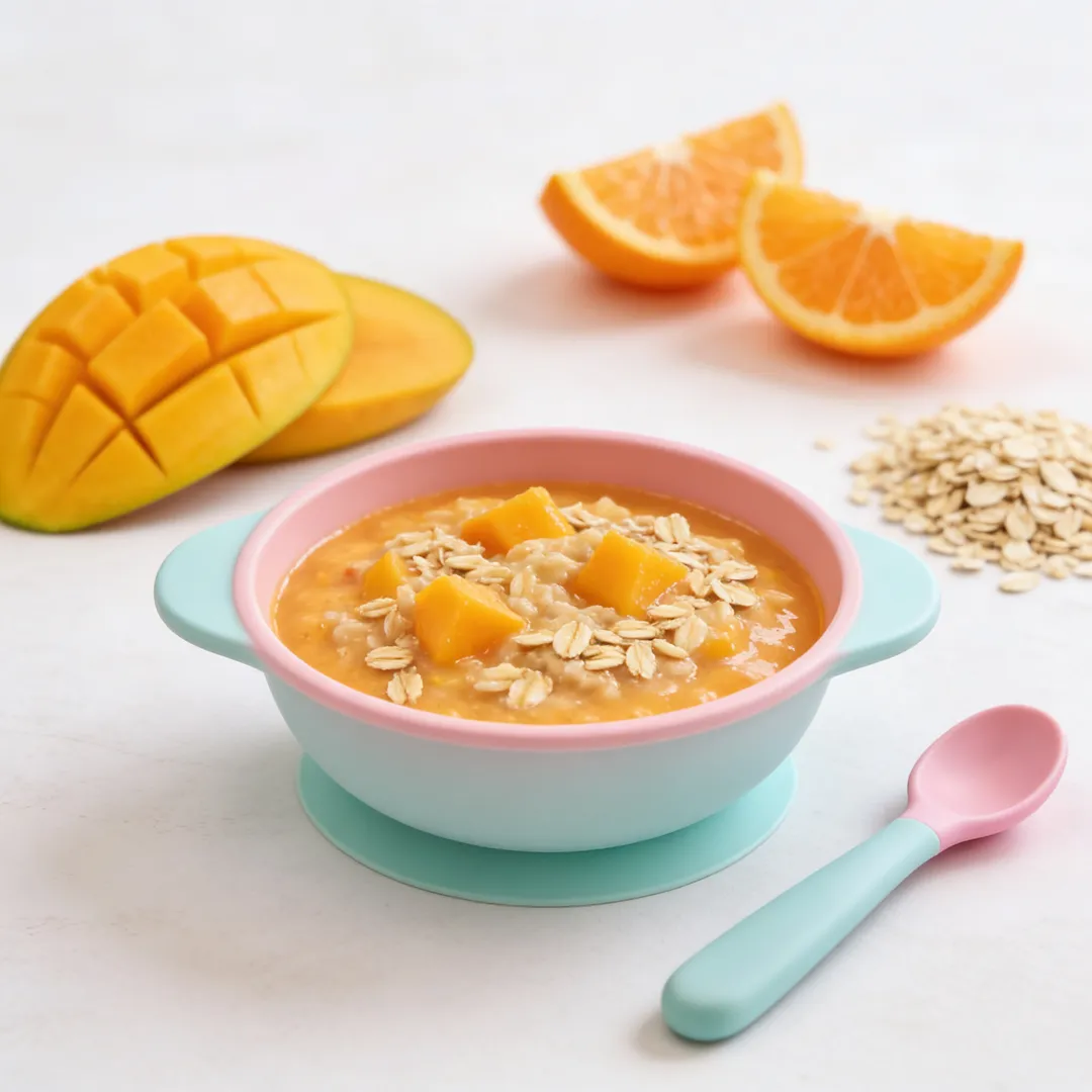 Orange Mango Oat Porridge, a breakfast for babies from around 6 months