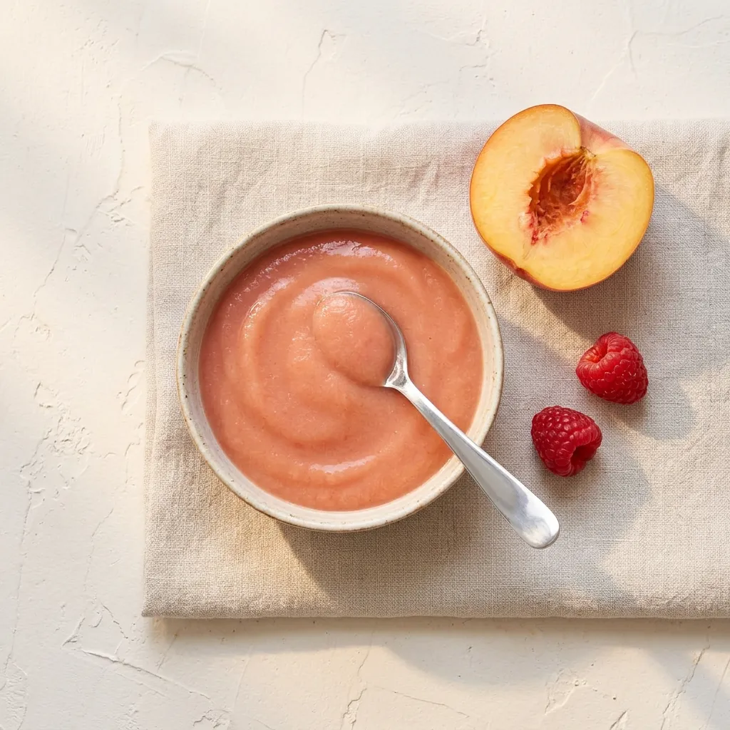Peach & Raspberry Purée, a purée for babies from around 6 months