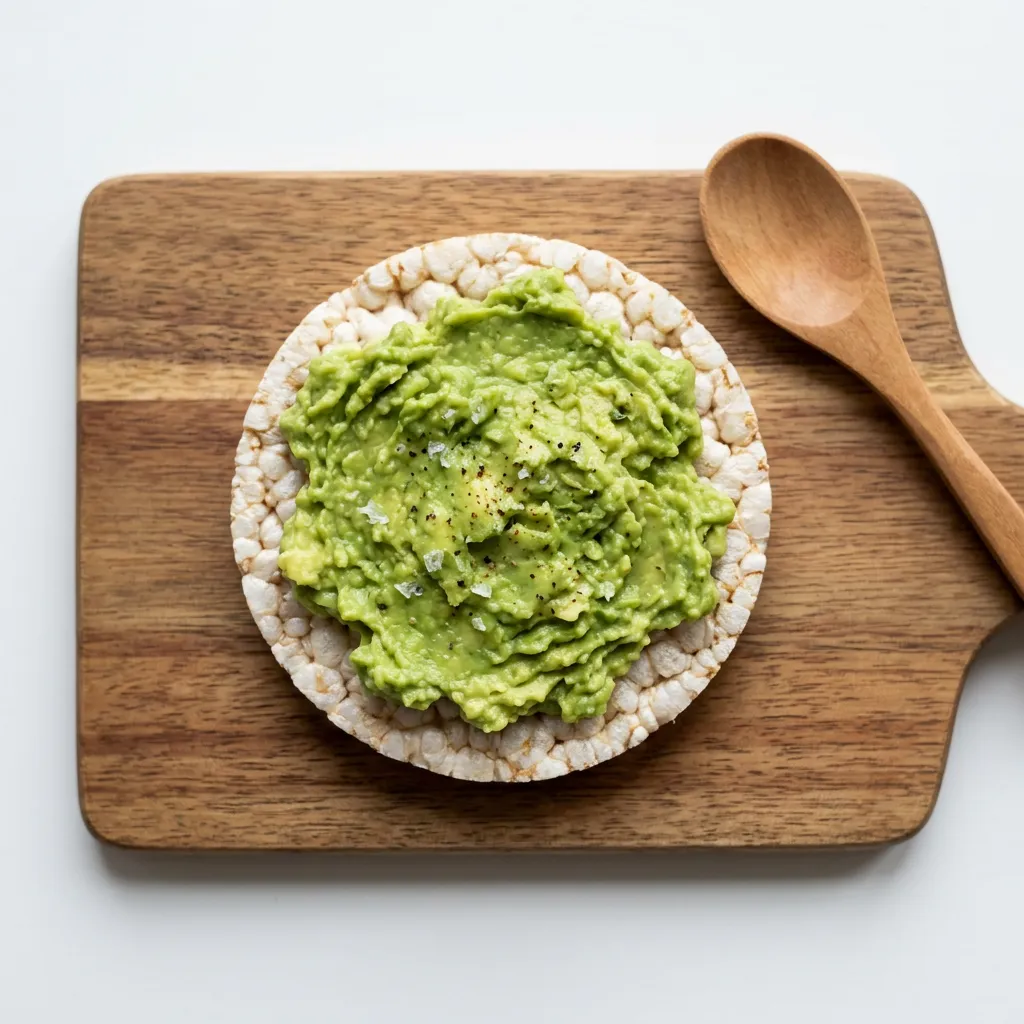 Rice Cake with Smashed Avocado, a snack for babies from around 9 months
