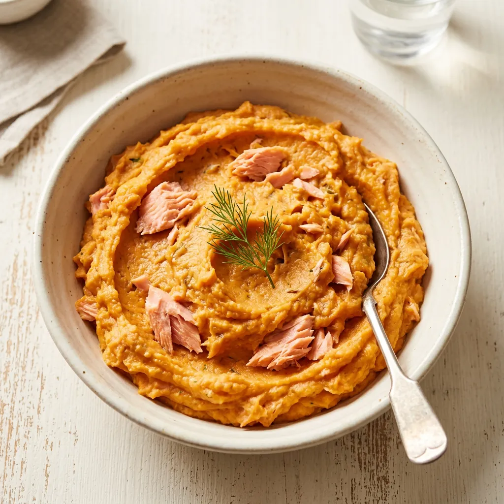 Salmon & Sweet Potato Mash, a lunch or dinner for babies from around 6 months