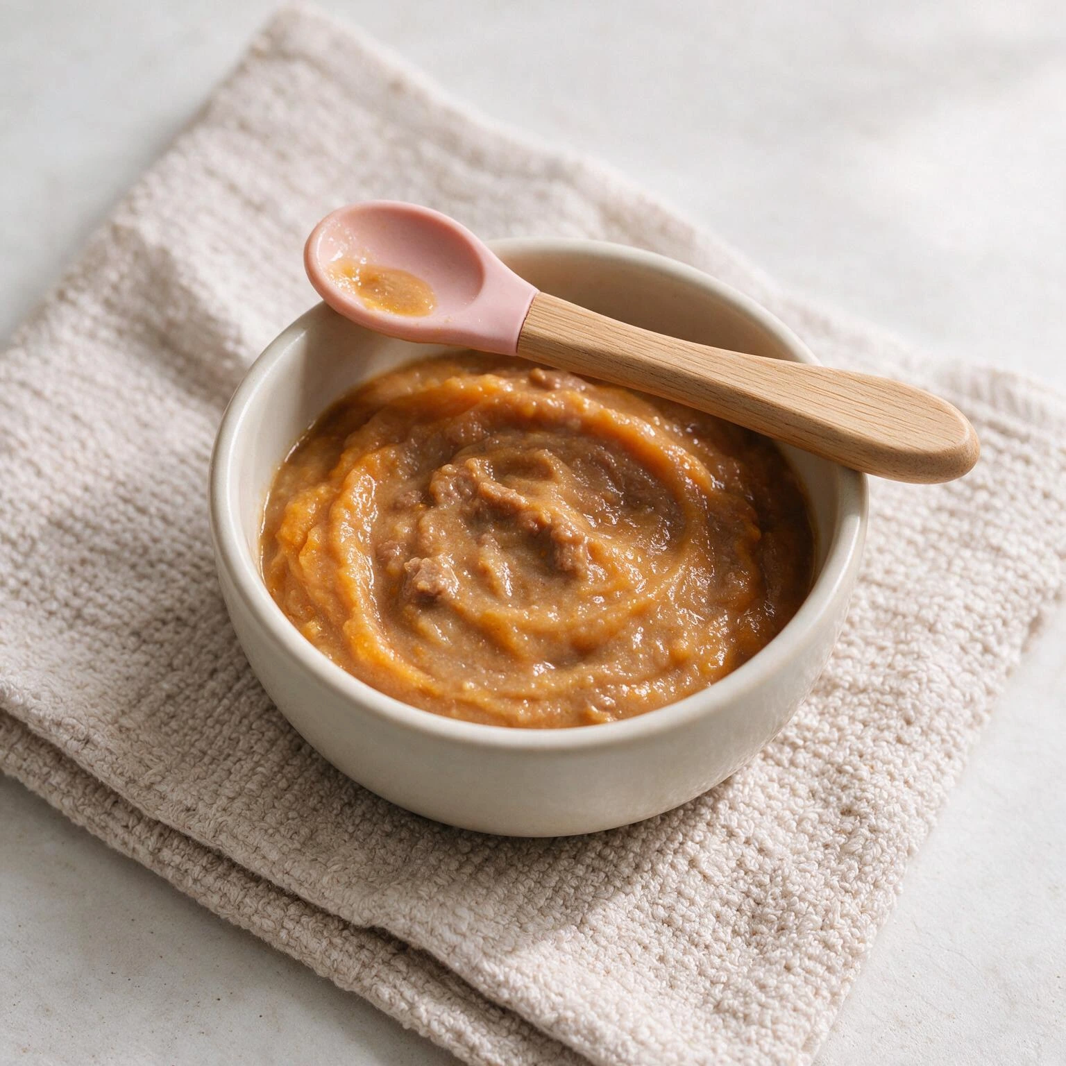 Slow-Cooked Steak & Sweet Potato Purée, a purée for babies from around 6 months